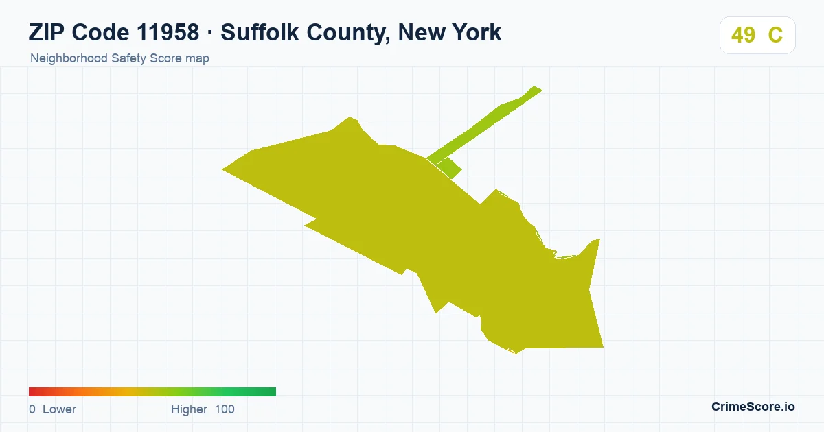 ZIP Code 11958 in Suffolk County, New York neighborhood Safety Score map