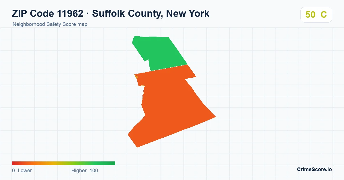 ZIP Code 11962 in Suffolk County, New York neighborhood Safety Score map