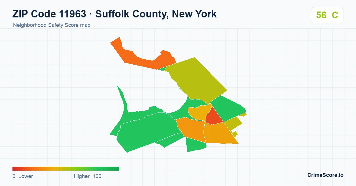 ZIP Code 11963 in Suffolk County, New York neighborhood Safety Score map