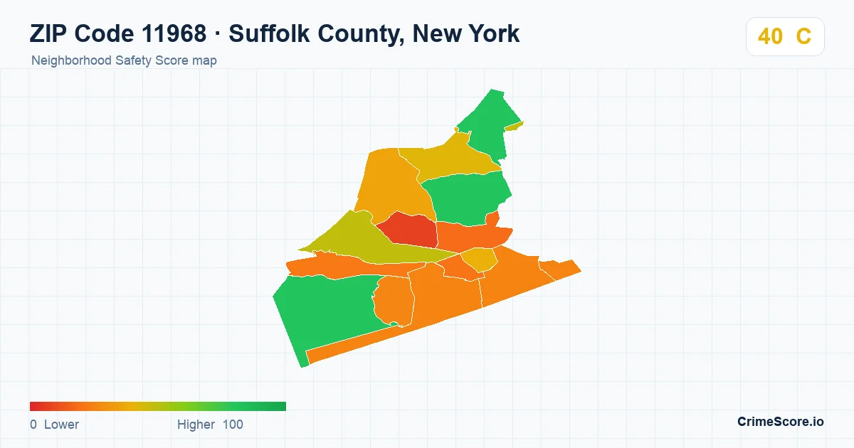 ZIP Code 11968 in Suffolk County, New York neighborhood Safety Score map