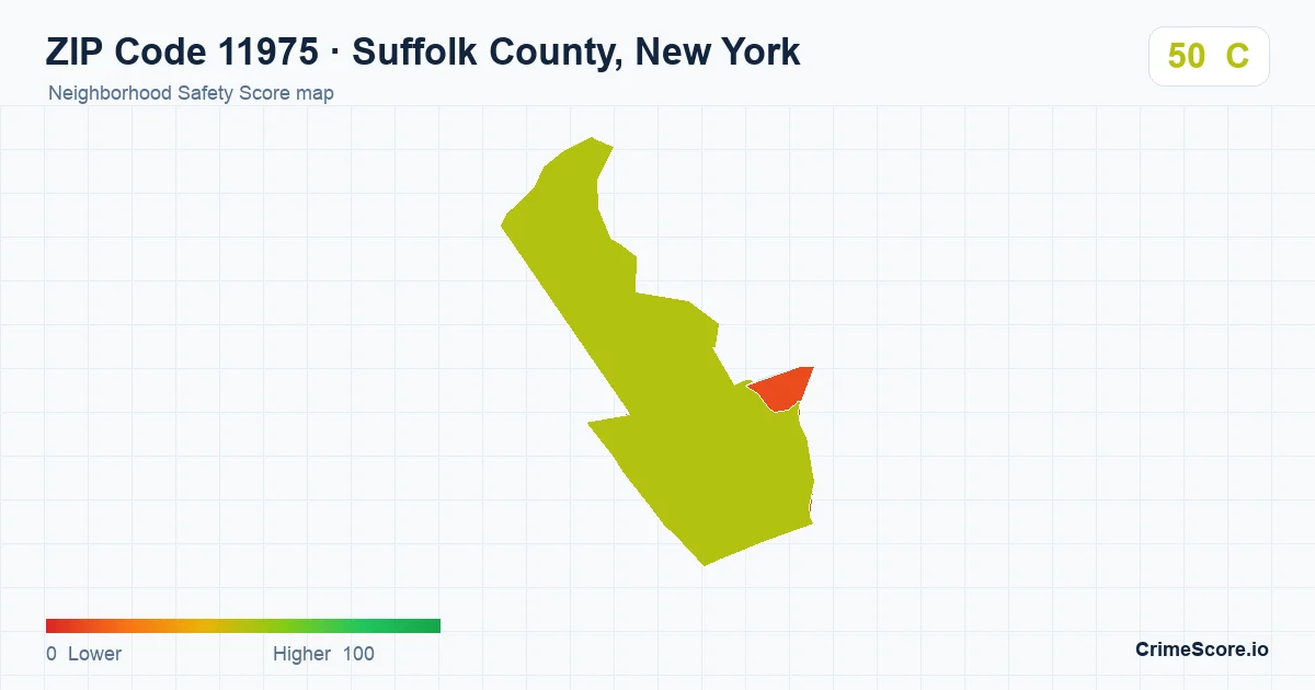 ZIP Code 11975 in Suffolk County, New York neighborhood Safety Score map