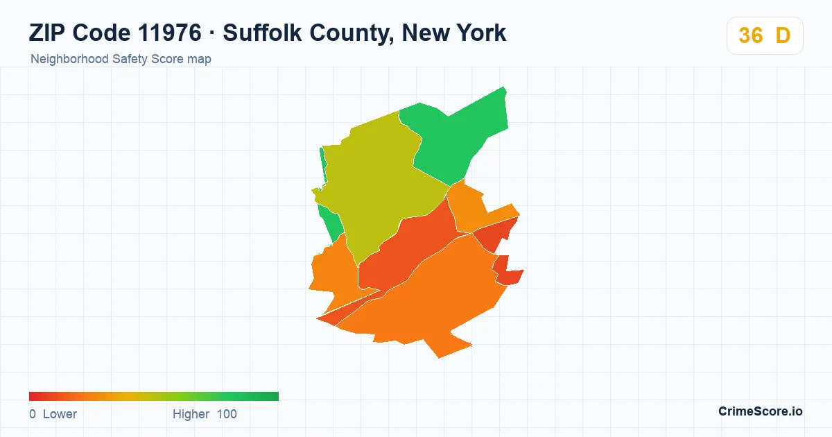 ZIP Code 11976 in Suffolk County, New York neighborhood Safety Score map