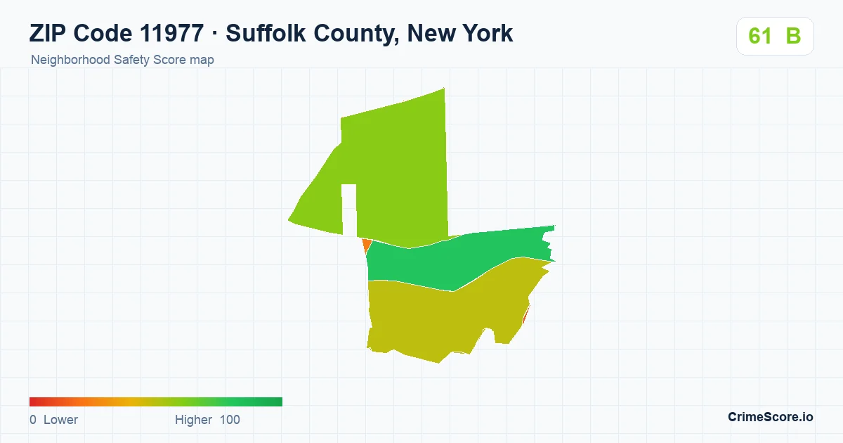 ZIP Code 11977 in Suffolk County, New York neighborhood Safety Score map