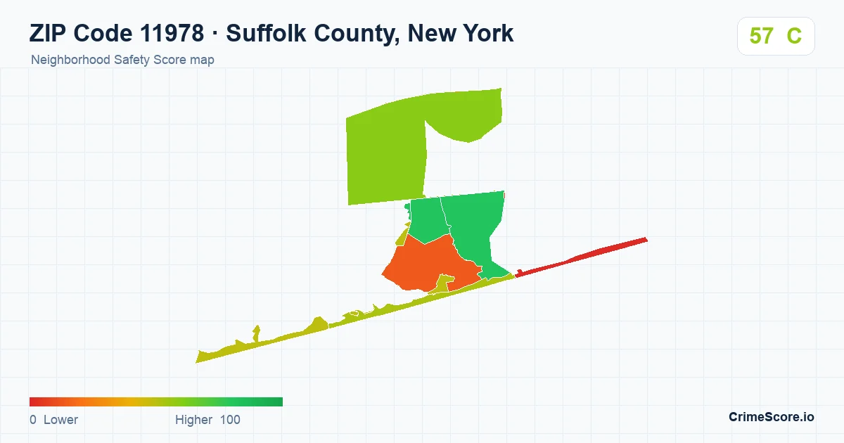 ZIP Code 11978 in Suffolk County, New York neighborhood Safety Score map
