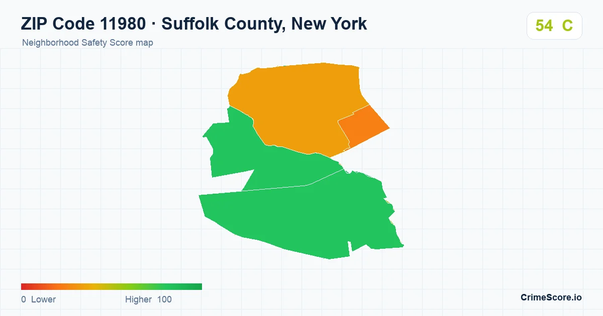 ZIP Code 11980 in Suffolk County, New York neighborhood Safety Score map