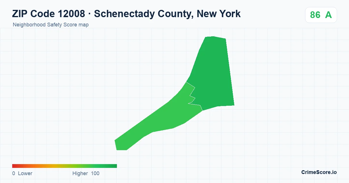 ZIP Code 12008 in Schenectady County, New York neighborhood Safety Score map