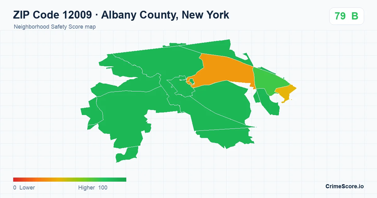 ZIP Code 12009 in Albany County, New York neighborhood Safety Score map