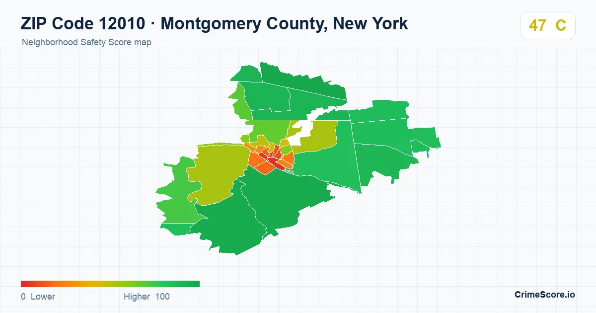 ZIP Code 12010 in Montgomery County, New York neighborhood Safety Score map