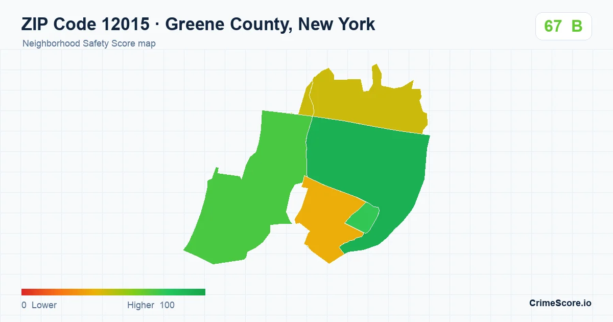 ZIP Code 12015 in Greene County, New York neighborhood Safety Score map
