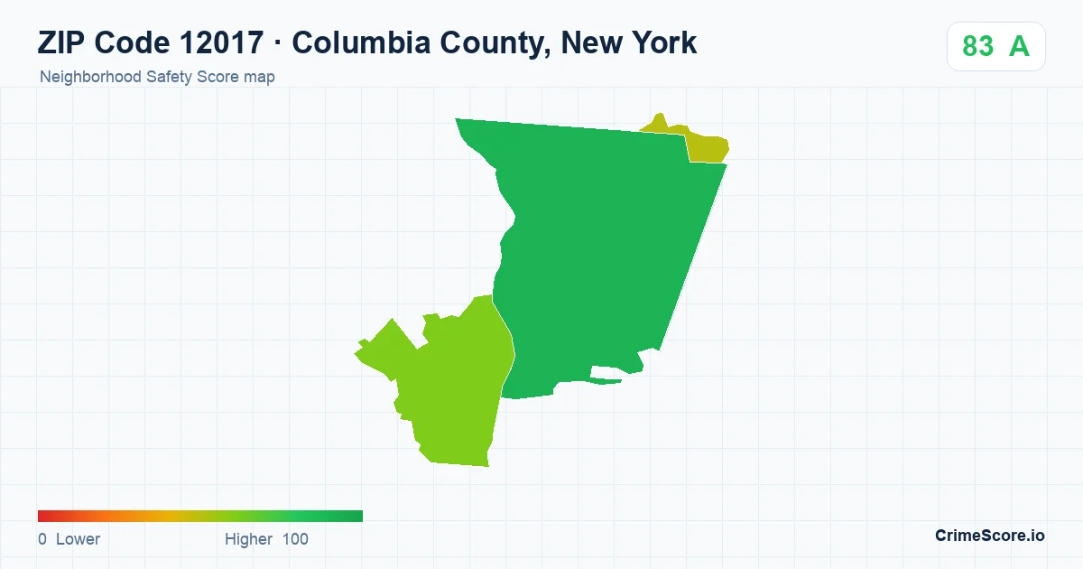 ZIP Code 12017 in Columbia County, New York neighborhood Safety Score map