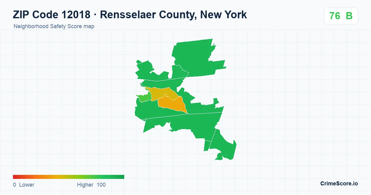 ZIP Code 12018 in Rensselaer County, New York neighborhood Safety Score map