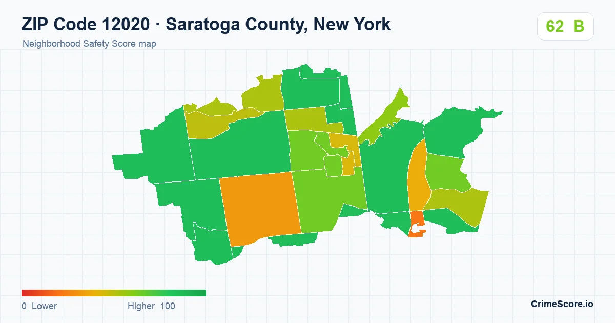 ZIP Code 12020 in Saratoga County, New York neighborhood Safety Score map