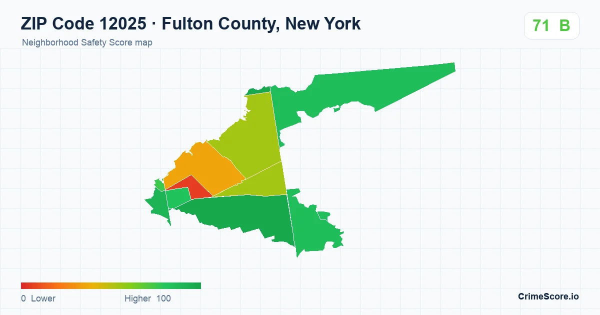 ZIP Code 12025 in Fulton County, New York neighborhood Safety Score map
