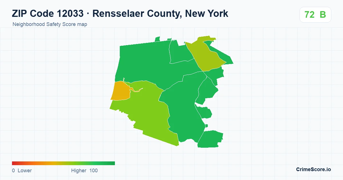 ZIP Code 12033 in Rensselaer County, New York neighborhood Safety Score map