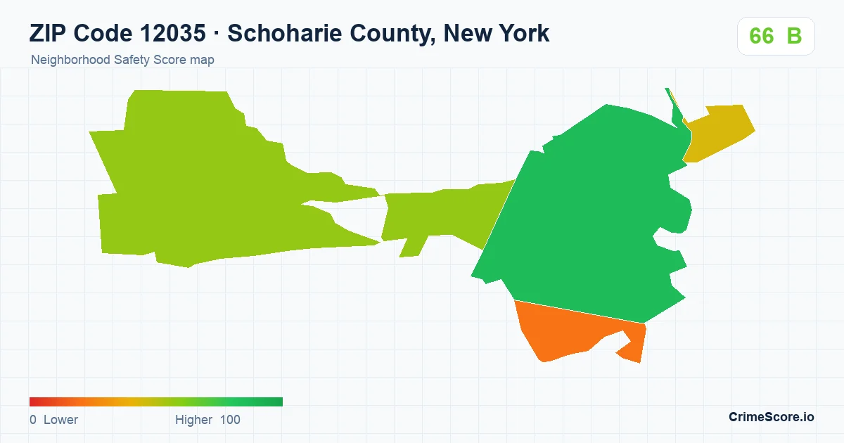 ZIP Code 12035 in Schoharie County, New York neighborhood Safety Score map