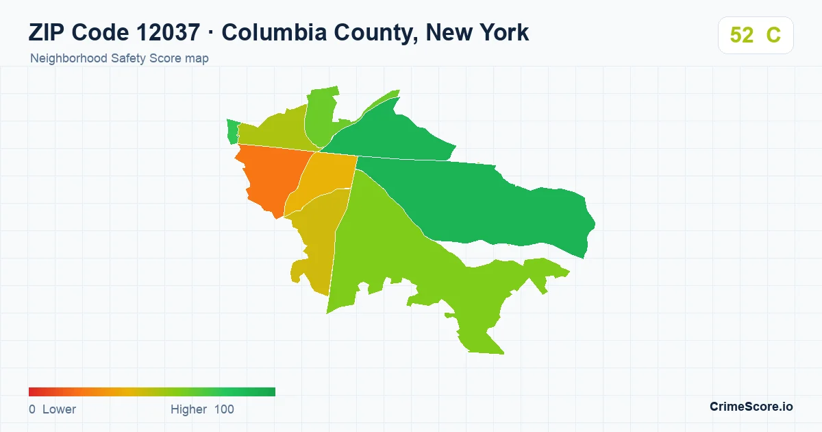 ZIP Code 12037 in Columbia County, New York neighborhood Safety Score map