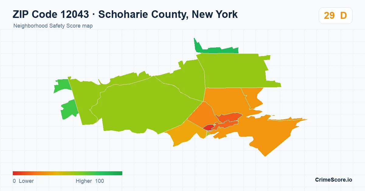 ZIP Code 12043 in Schoharie County, New York neighborhood Safety Score map