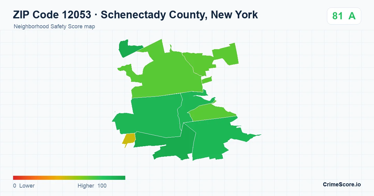 ZIP Code 12053 in Schenectady County, New York neighborhood Safety Score map