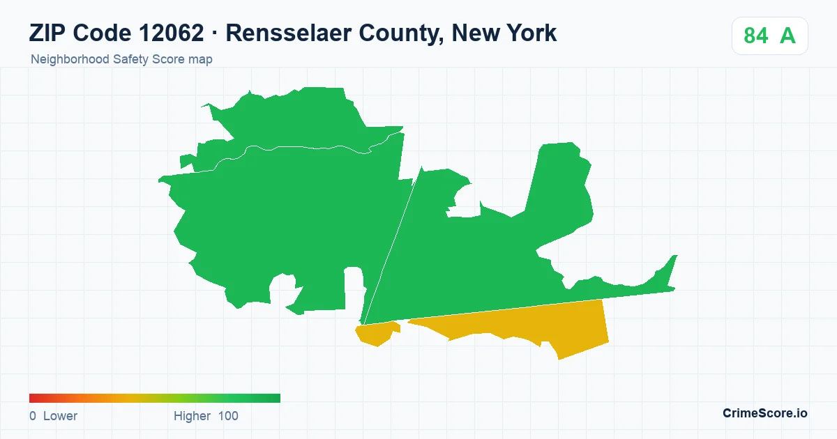 ZIP Code 12062 in Rensselaer County, New York neighborhood Safety Score map