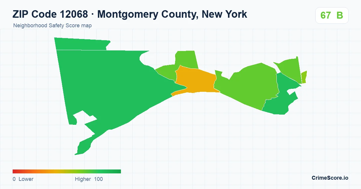 ZIP Code 12068 in Montgomery County, New York neighborhood Safety Score map