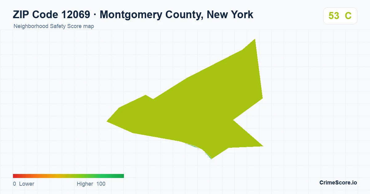 ZIP Code 12069 in Montgomery County, New York neighborhood Safety Score map