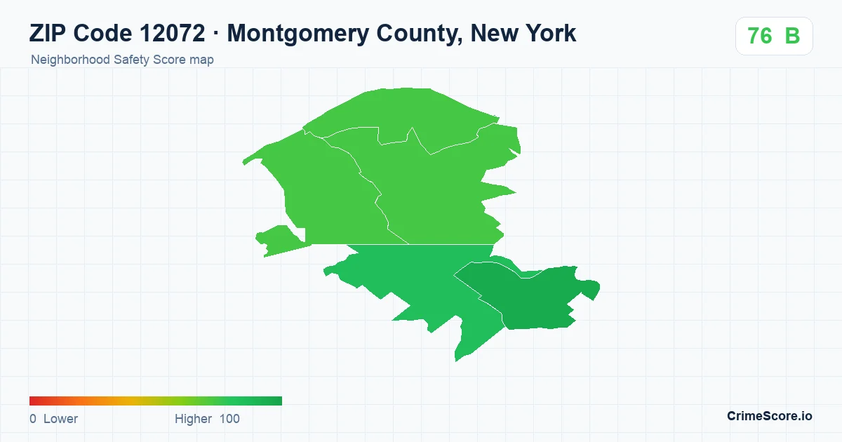ZIP Code 12072 in Montgomery County, New York neighborhood Safety Score map