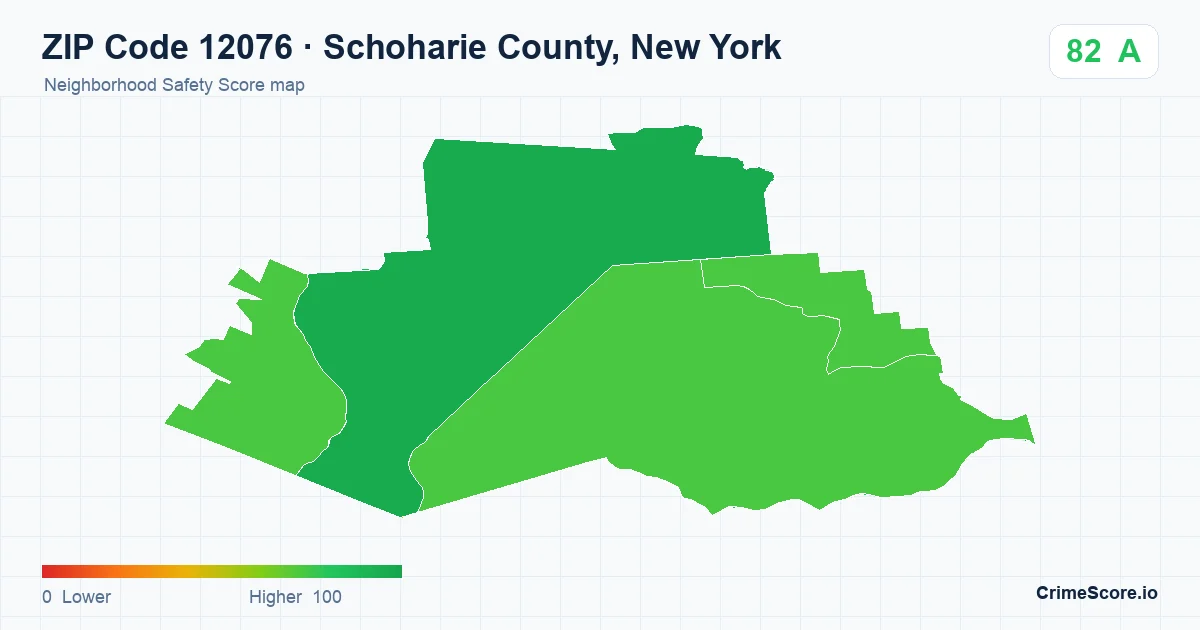 ZIP Code 12076 in Schoharie County, New York neighborhood Safety Score map