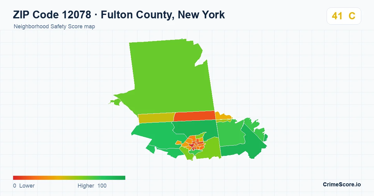 ZIP Code 12078 in Fulton County, New York neighborhood Safety Score map