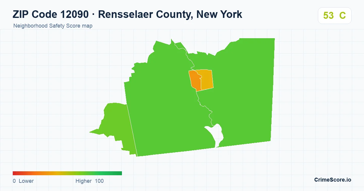 ZIP Code 12090 in Rensselaer County, New York neighborhood Safety Score map