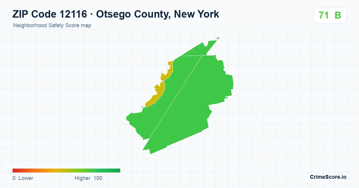 ZIP Code 12116 in Otsego County, New York neighborhood Safety Score map