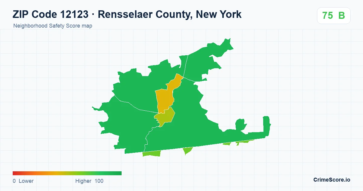 ZIP Code 12123 in Rensselaer County, New York neighborhood Safety Score map