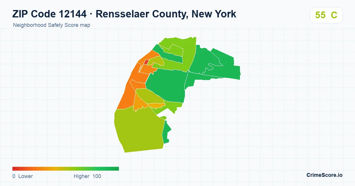 ZIP Code 12144 in Rensselaer County, New York neighborhood Safety Score map