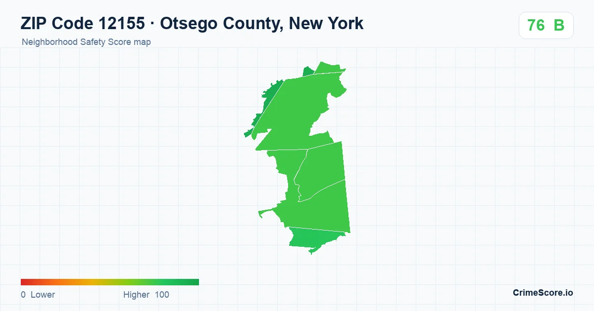 ZIP Code 12155 in Otsego County, New York neighborhood Safety Score map