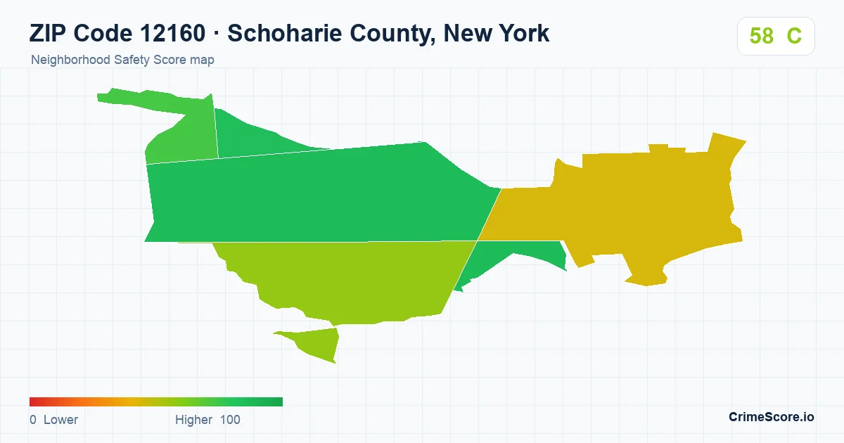 ZIP Code 12160 in Schoharie County, New York neighborhood Safety Score map