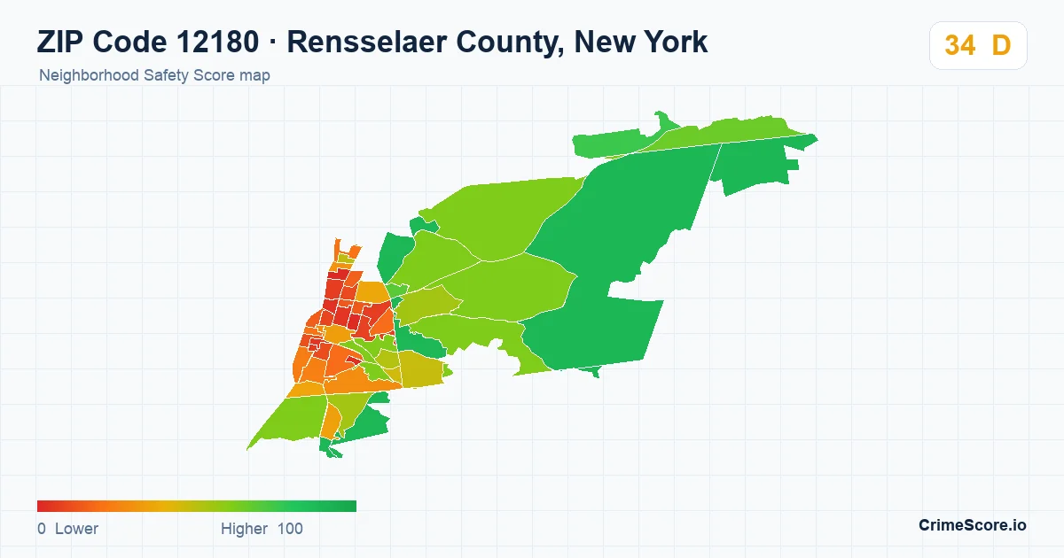 ZIP Code 12180 in Rensselaer County, New York neighborhood Safety Score map