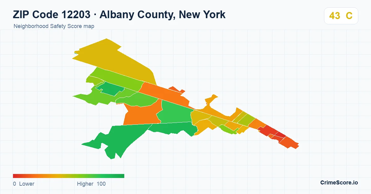 ZIP Code 12203 in Albany County, New York neighborhood Safety Score map