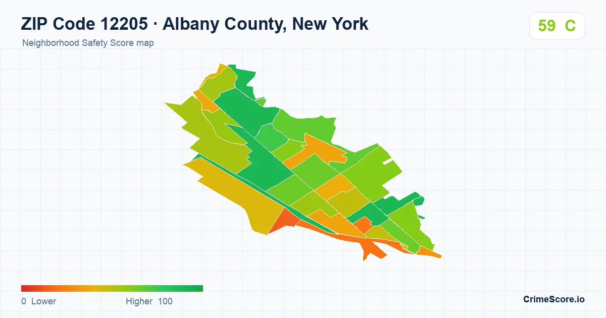 ZIP Code 12205 in Albany County, New York neighborhood Safety Score map