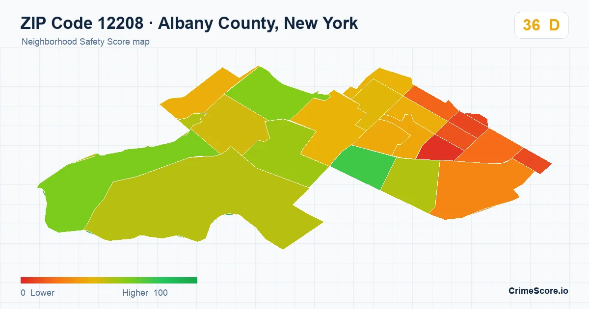 ZIP Code 12208 in Albany County, New York neighborhood Safety Score map