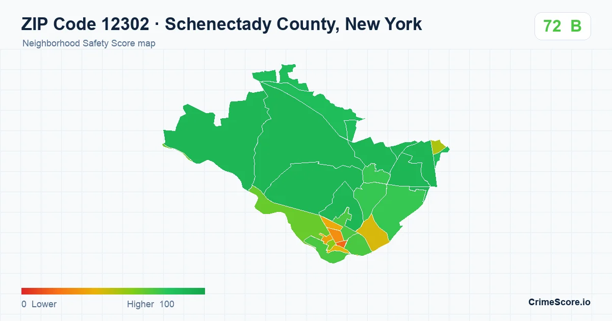 ZIP Code 12302 in Schenectady County, New York neighborhood Safety Score map