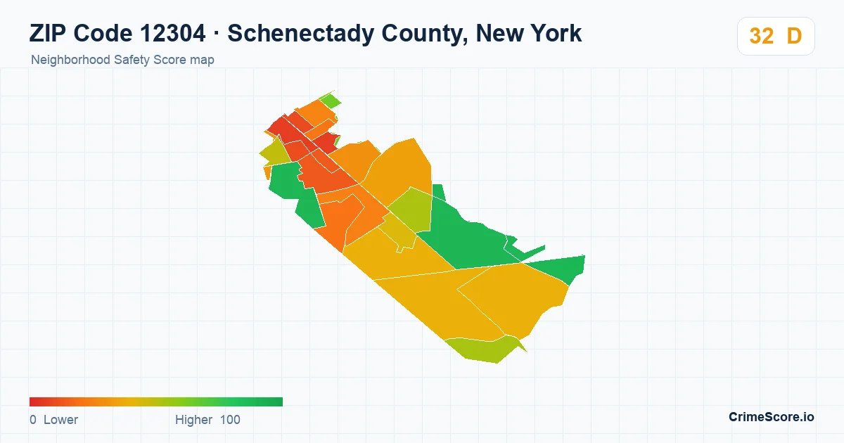 ZIP Code 12304 in Schenectady County, New York neighborhood Safety Score map