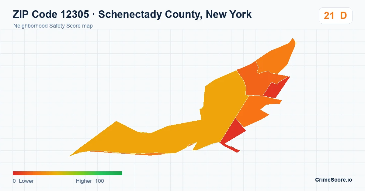 ZIP Code 12305 in Schenectady County, New York neighborhood Safety Score map
