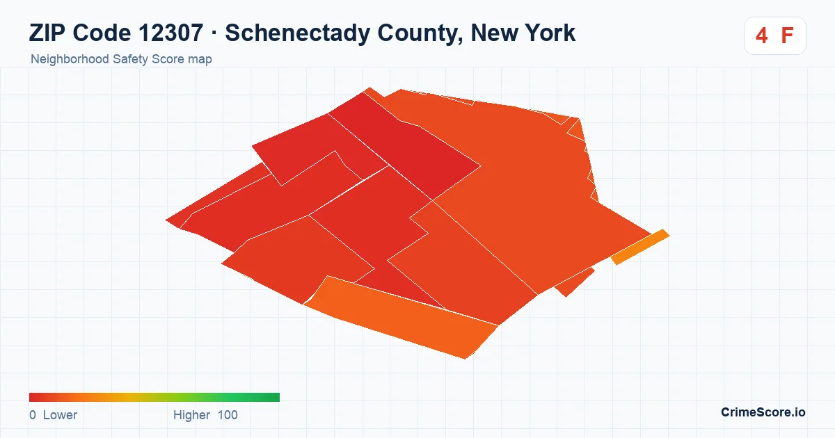 ZIP Code 12307 in Schenectady County, New York neighborhood Safety Score map