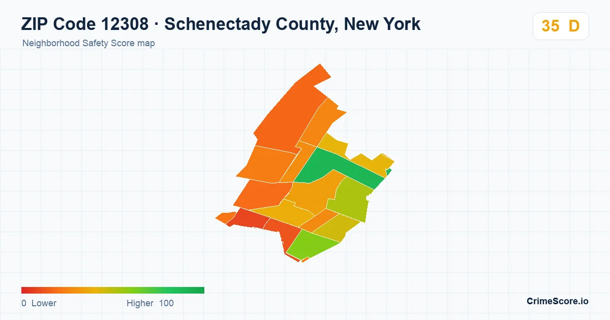 ZIP Code 12308 in Schenectady County, New York neighborhood Safety Score map
