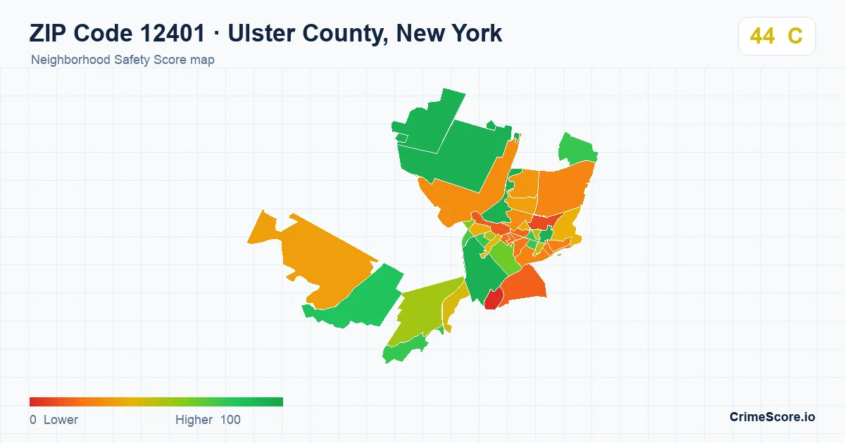 ZIP Code 12401 in Ulster County, New York neighborhood Safety Score map