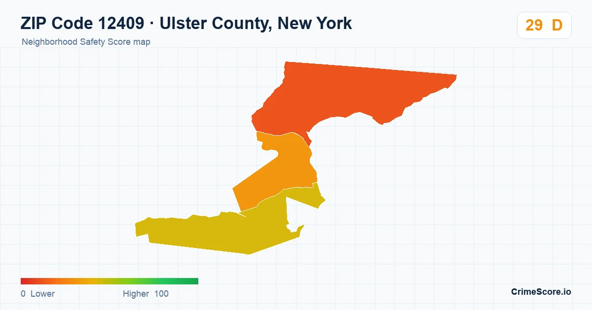 ZIP Code 12409 in Ulster County, New York neighborhood Safety Score map