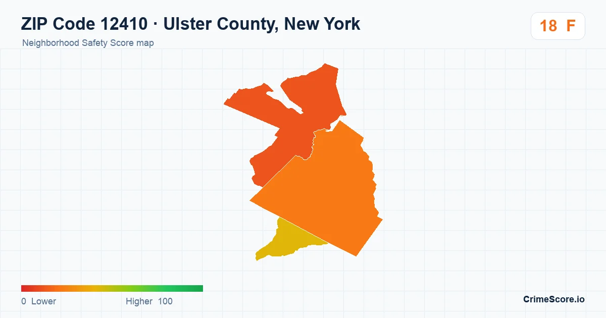 ZIP Code 12410 in Ulster County, New York neighborhood Safety Score map