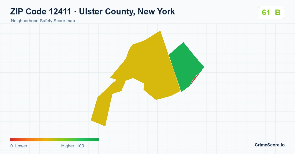 ZIP Code 12411 in Ulster County, New York neighborhood Safety Score map