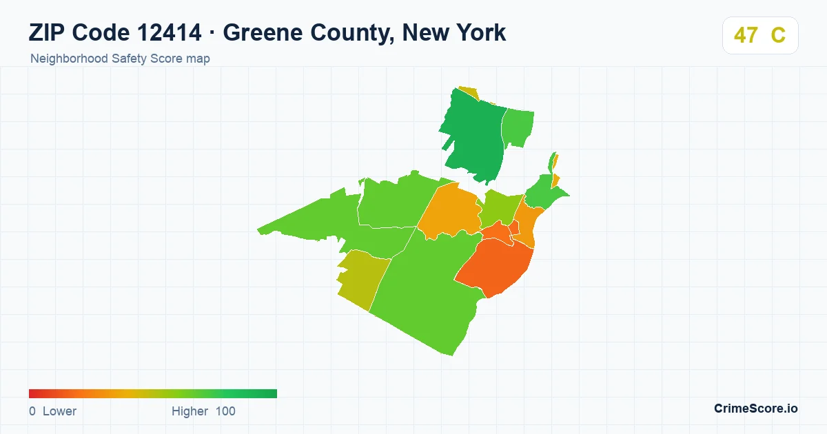 ZIP Code 12414 in Greene County, New York neighborhood Safety Score map