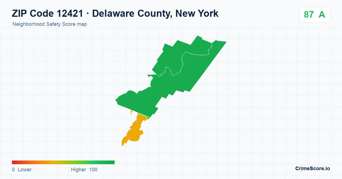 ZIP Code 12421 in Delaware County, New York neighborhood Safety Score map
