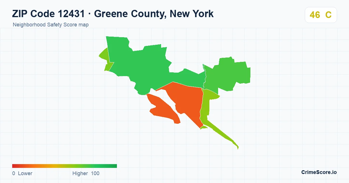 ZIP Code 12431 in Greene County, New York neighborhood Safety Score map